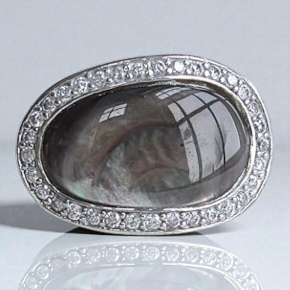 Vintage 925 Silver Abalone CZ Ring Chunky Statement Cocktail Large Unique - Picture 1 of 11